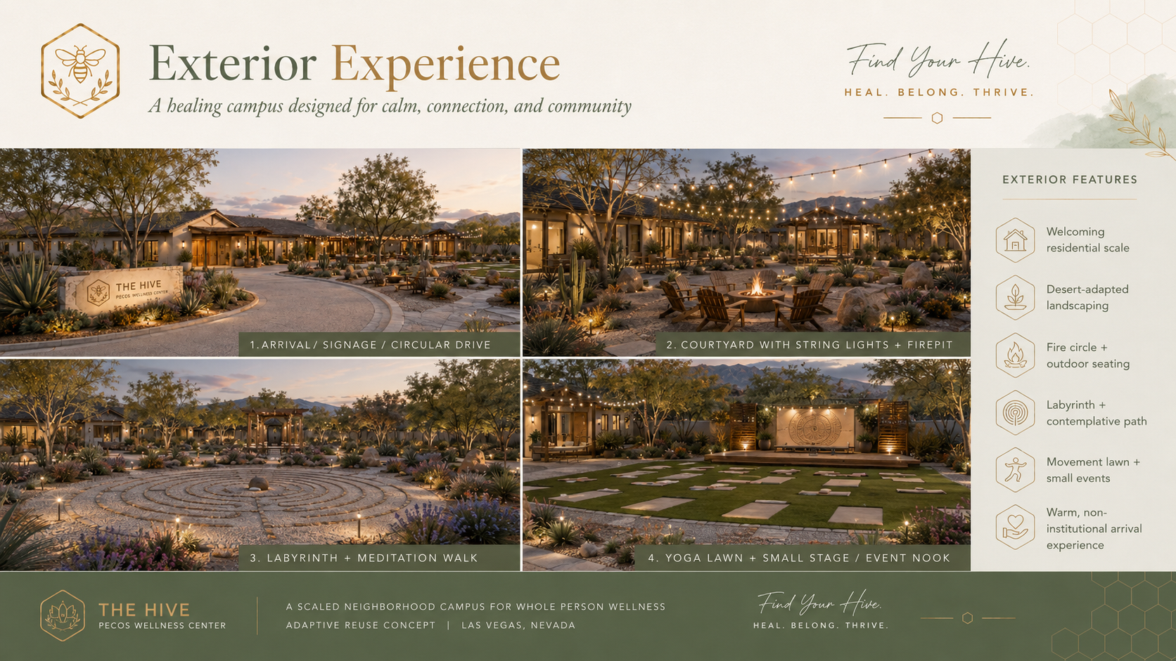 Concept board showing the planned outdoor experience at The Hive: Pecos Wellness Campus